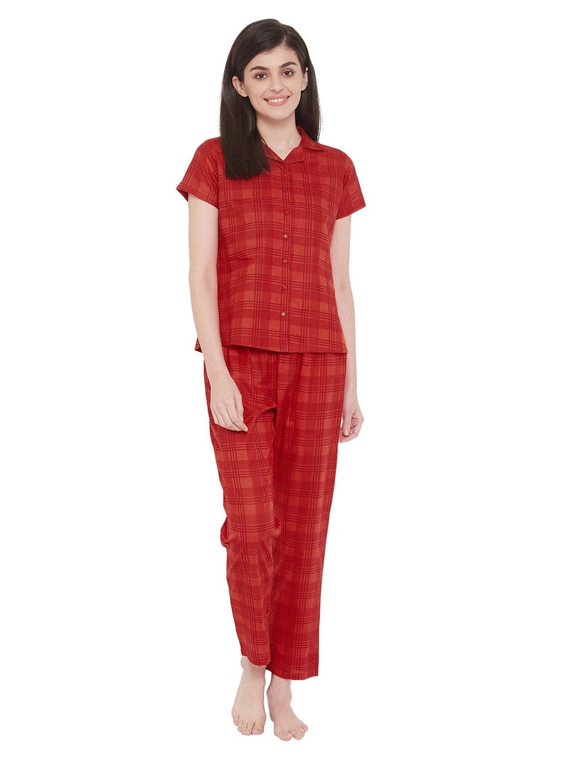 Clovia Women's Cotton Classy Checks Printed Buttond Down Shirt & Pyjama Set (LS0385G04_Red_L) - Image 1