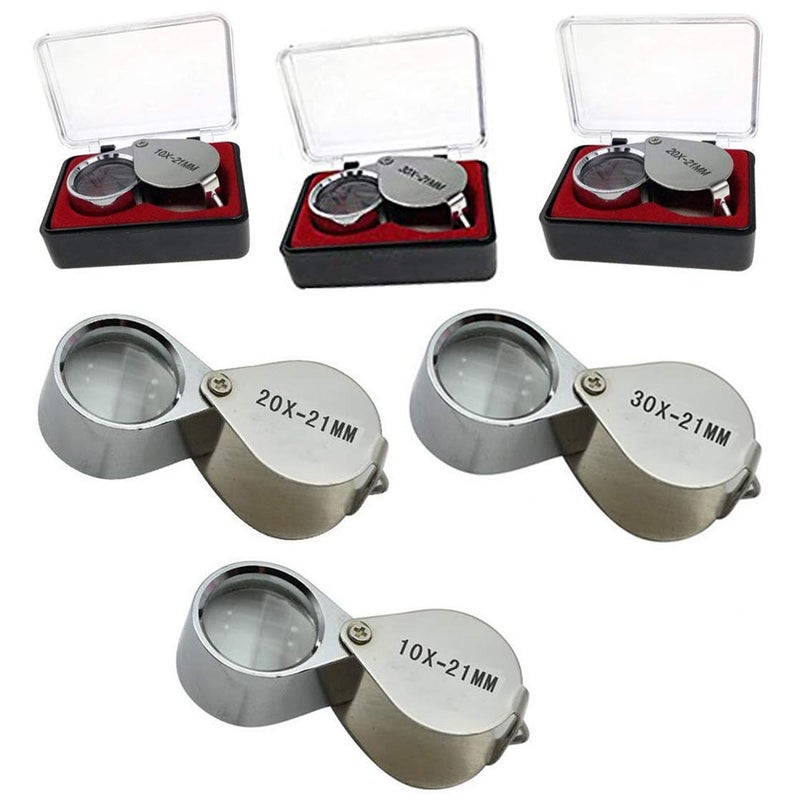 lasenersm 3 Pieces 10X 20X 30X Jeweler Loupe Glass Diamond Loupe Metal Round Body Jewelers Eye Loupe Magnifier Magnifying 21mm Lens Diameter Silver Color