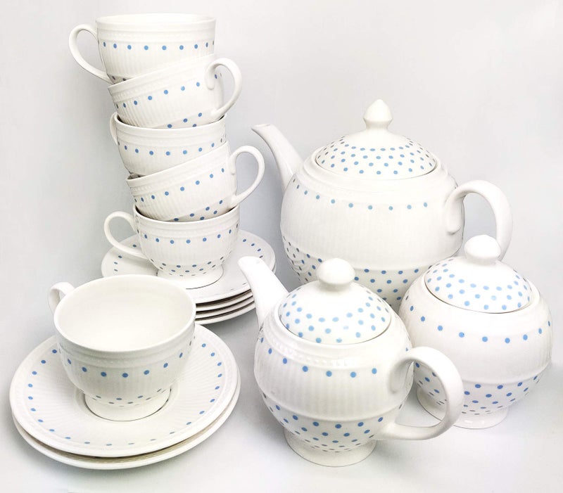 Dandy lines England by DATA Dandy Lines Bone China Crown Tea Set Dots (Blue, Pack of 18) - Image 1