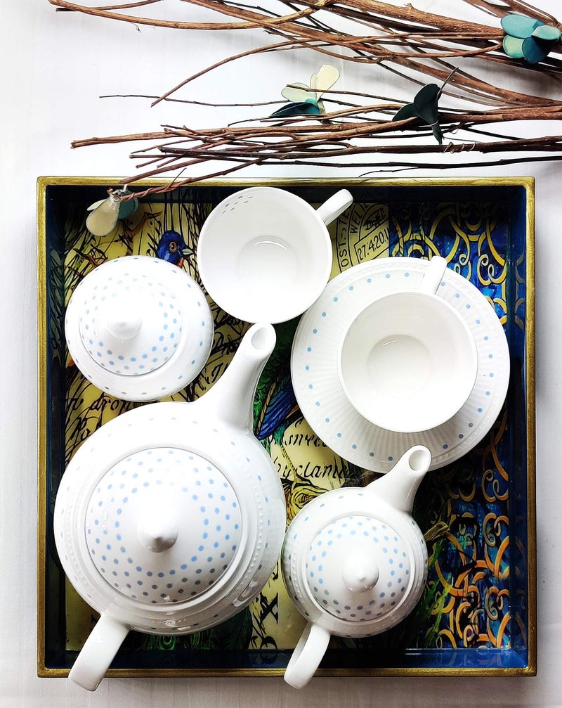 Dandy lines England by DATA Dandy Lines Bone China Crown Tea Set Dots (Blue, Pack of 18) - Image 2