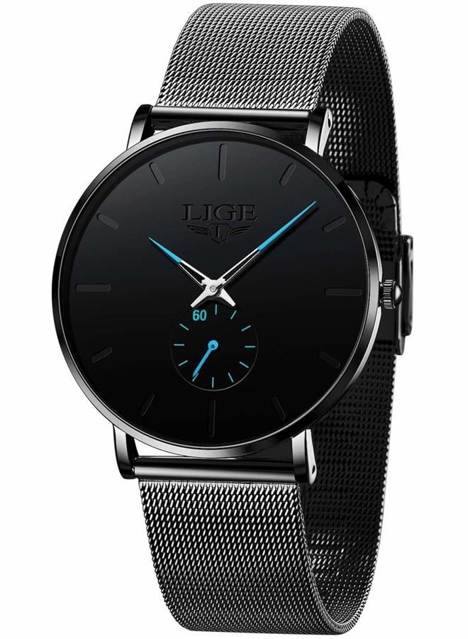 LIGE ساعة يد للرجال بتصميم بسيط رفيع للغاية، ساعة أنالوج كوارتز مقاومة للماء، حزام شبكي من الفولاذ المقاوم للصدأ، ساعة يد سوداء أنيقة للرجال - Image 1