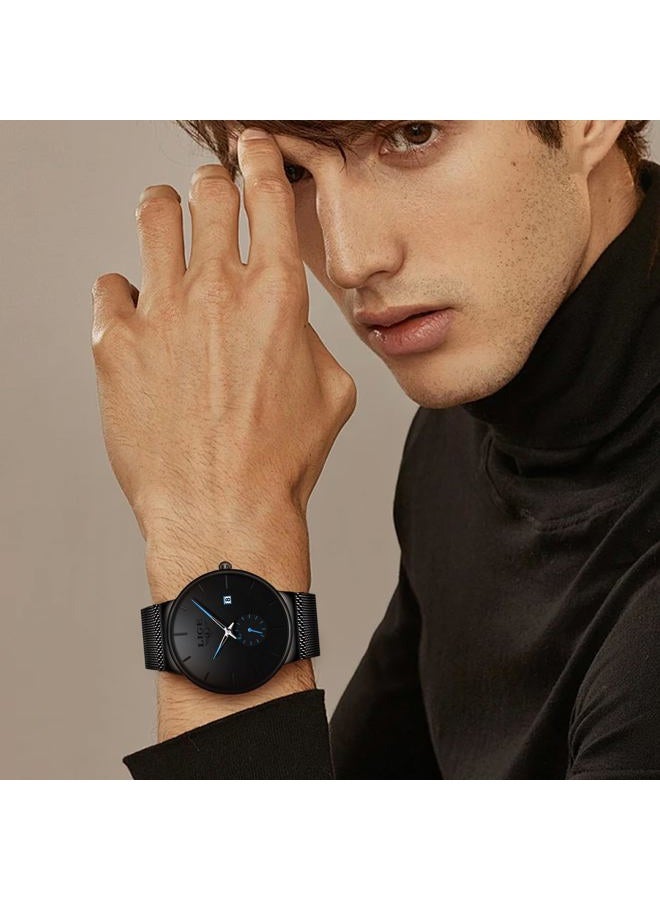 LIGE ساعة يد للرجال بتصميم بسيط رفيع للغاية، ساعة أنالوج كوارتز مقاومة للماء، حزام شبكي من الفولاذ المقاوم للصدأ، ساعة يد سوداء أنيقة للرجال - Image 2