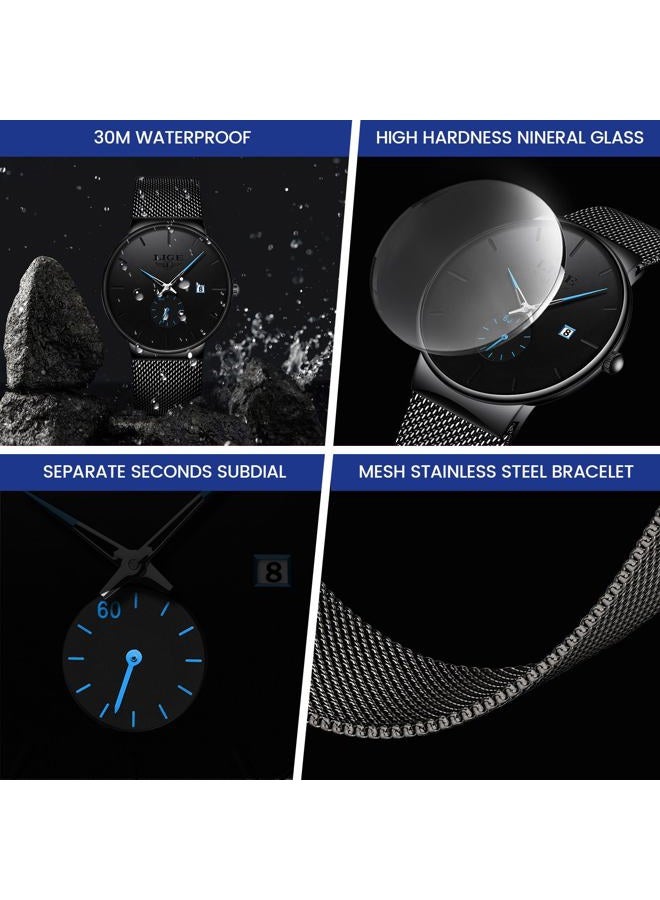 LIGE ساعة يد للرجال بتصميم بسيط رفيع للغاية، ساعة أنالوج كوارتز مقاومة للماء، حزام شبكي من الفولاذ المقاوم للصدأ، ساعة يد سوداء أنيقة للرجال - Image 4