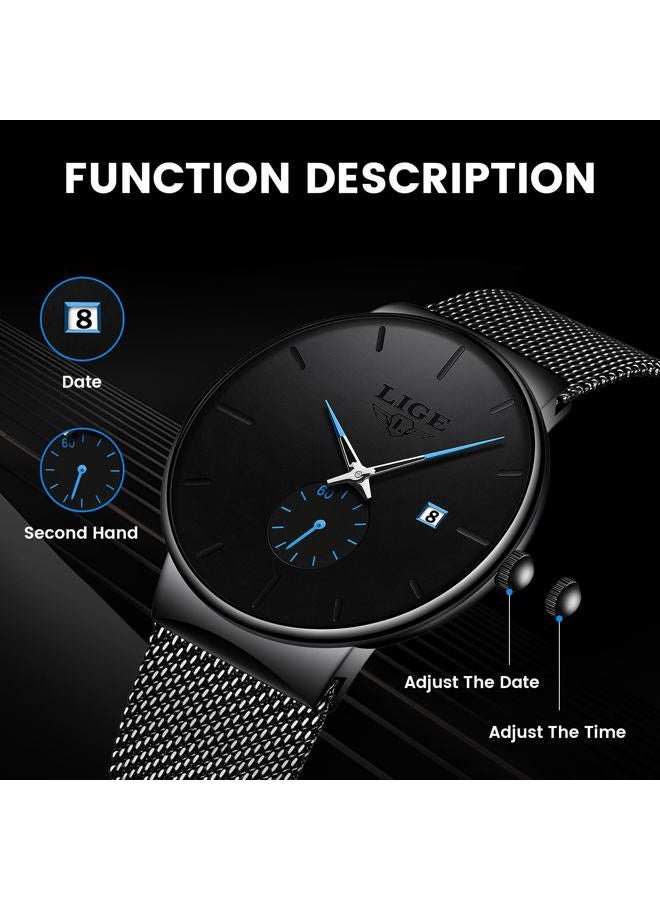 LIGE ساعة يد للرجال بتصميم بسيط رفيع للغاية، ساعة أنالوج كوارتز مقاومة للماء، حزام شبكي من الفولاذ المقاوم للصدأ، ساعة يد سوداء أنيقة للرجال - Image 3