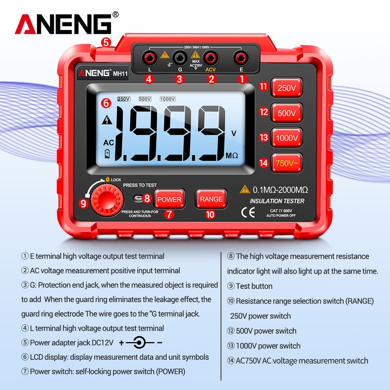 ANENG MH11 Megohmmeter Digital 500V High Voltage Electronic Shaking Table 1000V Electrician High Resistance Meter Insulation Resistance Tester - Image 5