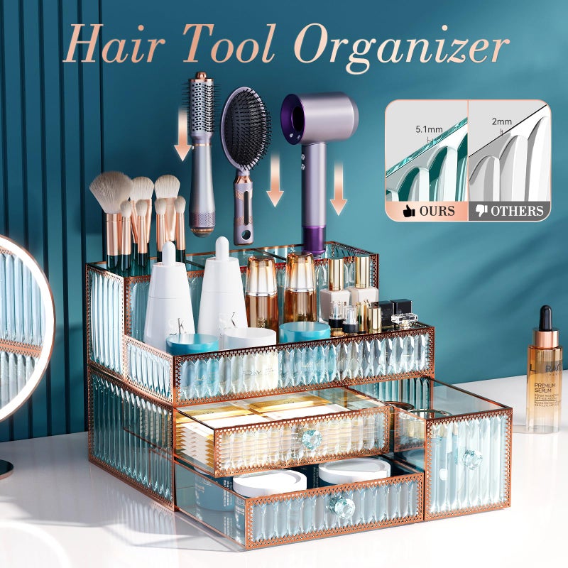 Youdepot Makeup Organizer Countertop - Tempered Glass Vanity Organizer for Cosmetics, Skincare, Hair Tools, Brushes, Perfume - Multipurpose Bathroom Counter Skincare Organizer - Image 2