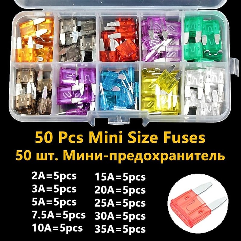 معيار 50 قطعة مجموعة متنوعة من فيوزات الشفرات الصغيرة والمتوسطة للسيارات من 2 أمبير إلى 35 أمبير مع علبة تخزين - Image 5