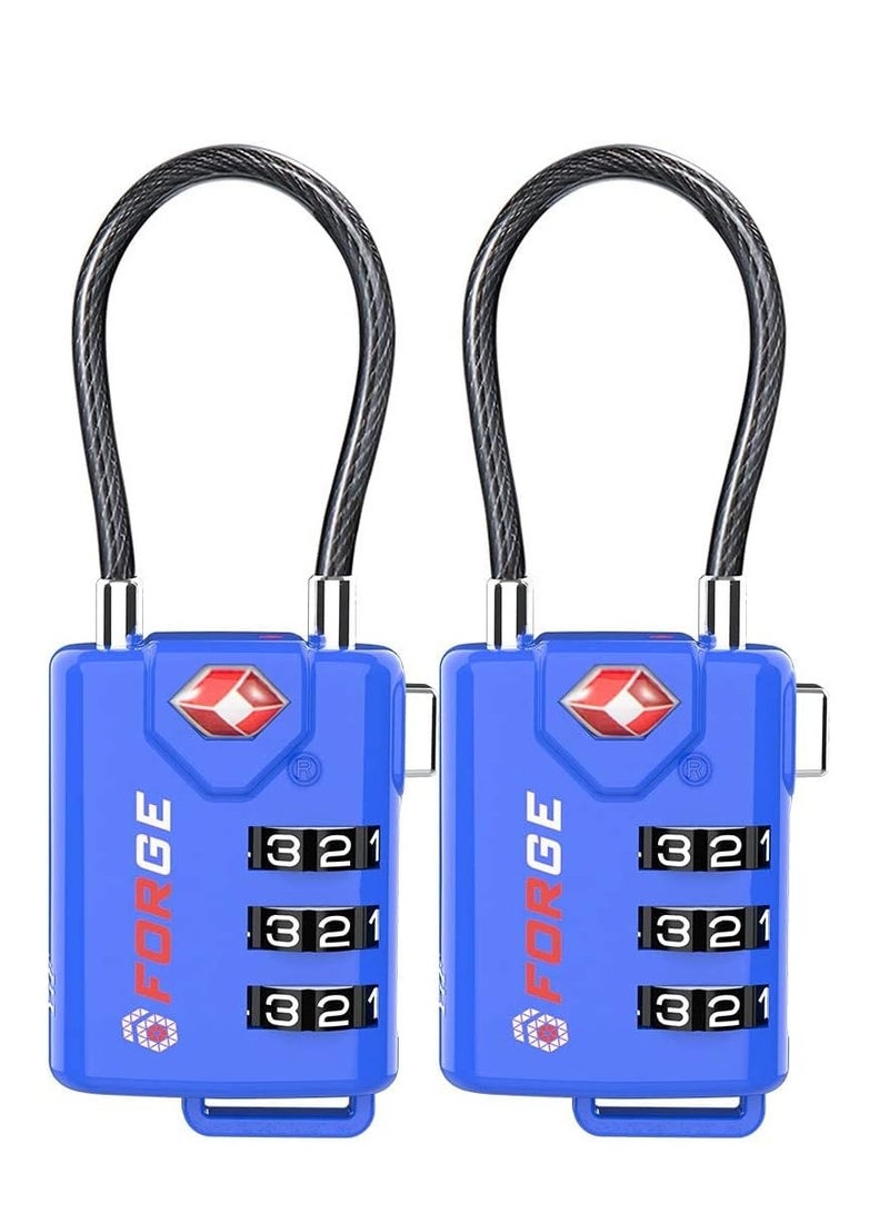Forge Bright Colors TSA approved cable luggage locks 2 pack blue re-settable combination with alloy body  - Image 1