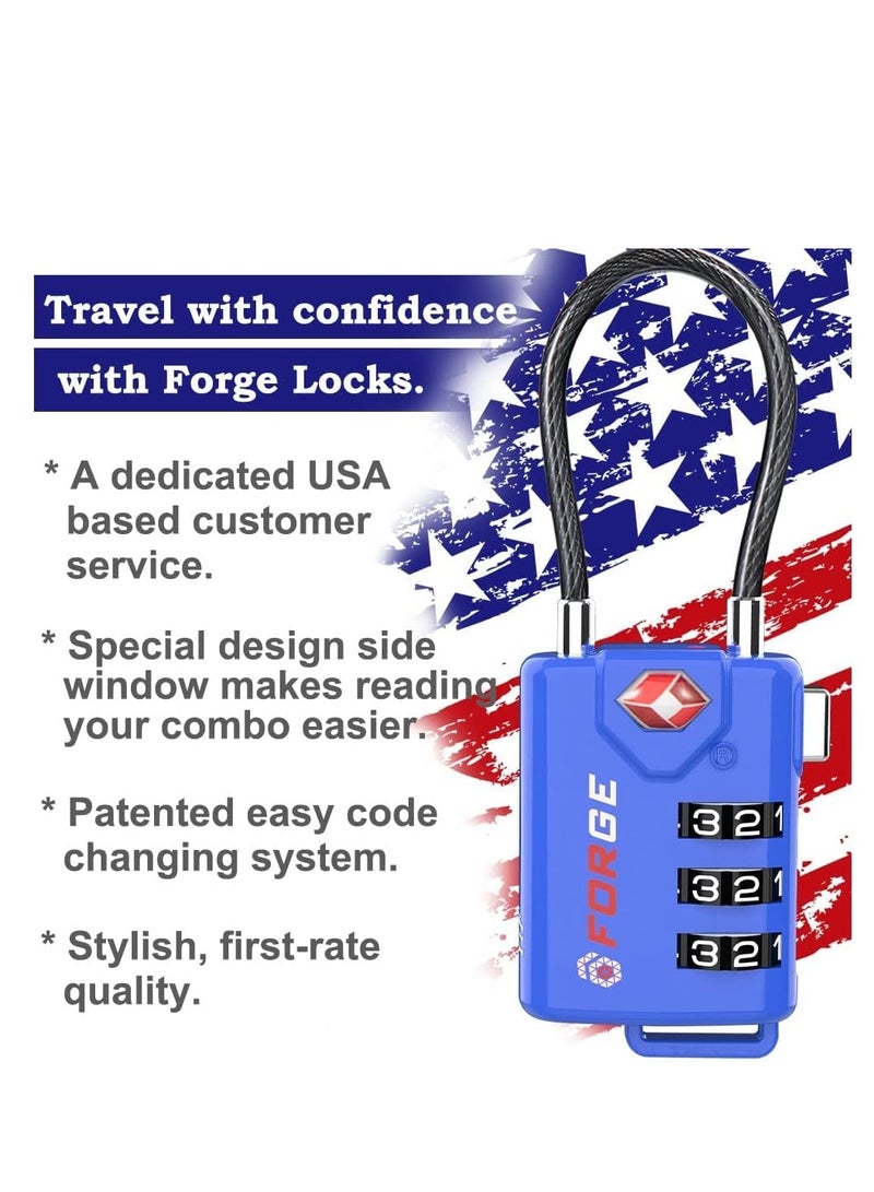 Forge Bright Colors TSA approved cable luggage locks 2 pack blue re-settable combination with alloy body  - Image 3