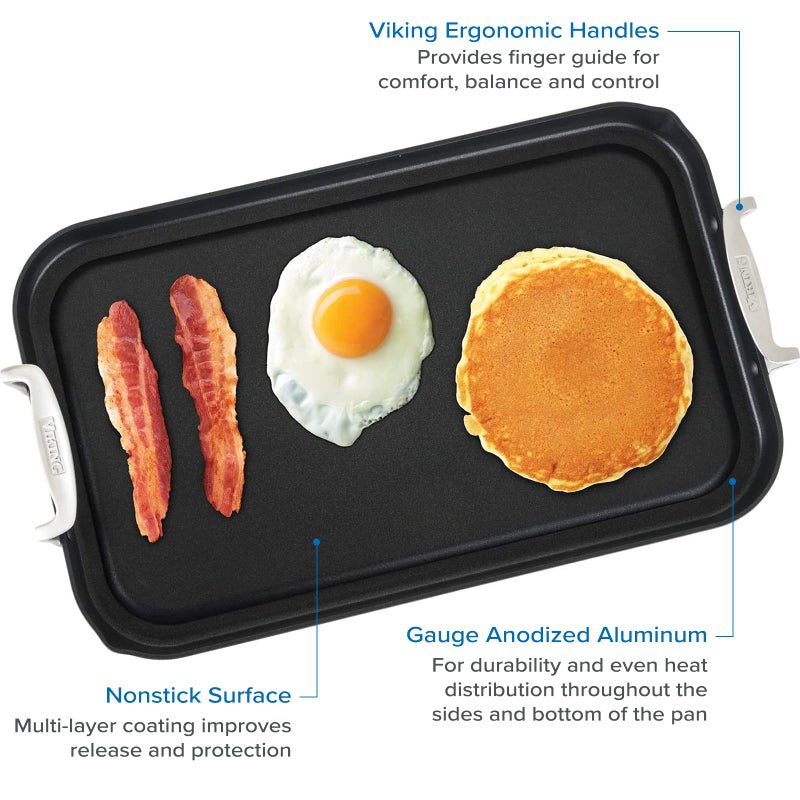 Viking Non Stick Double Burner Griddle, Hard Anodized Nonstick Kitchen Cookware Grill Pan with Handles, Oven Safe, Works on Electronic, Ceramic, and Gas Stove Tops, 19 x 11 Inch - Image 3
