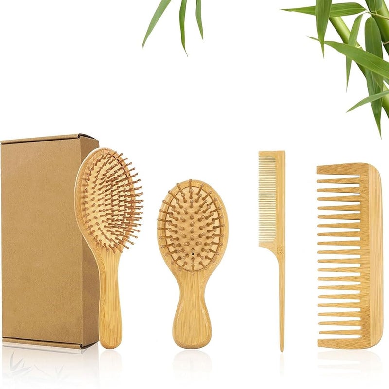 Massage Comb Set – 4-Piece Bamboo Oval Combs, Scalp Massager for Hair Growth, Anti-Static, Natural Wood, Gift Box
