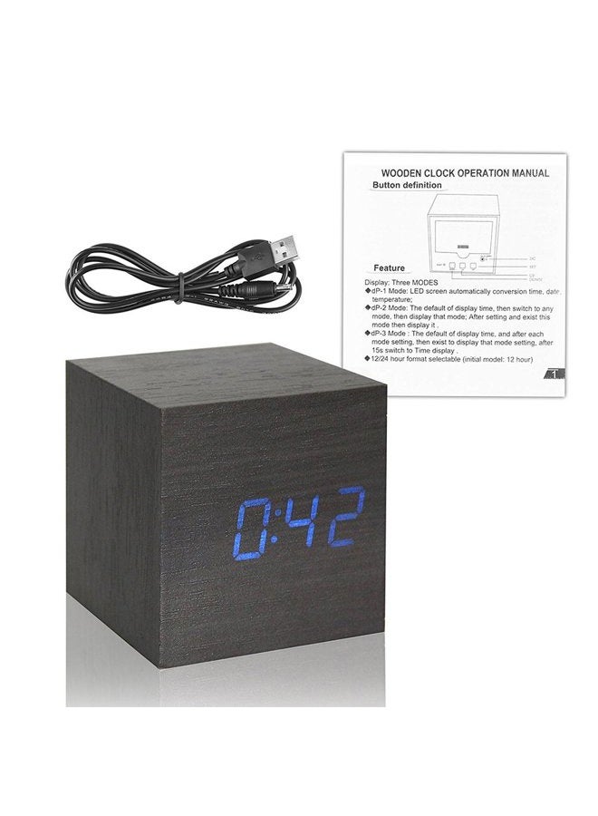 Onerbuy Wooden Digital Cube Alarm Clock Touch Sound Activated Desk Clock Portable Travel Clock with LCD Display for Time, Temperature, Calendar, 3 Alarm Settings (Brown) (Black) - Image 5