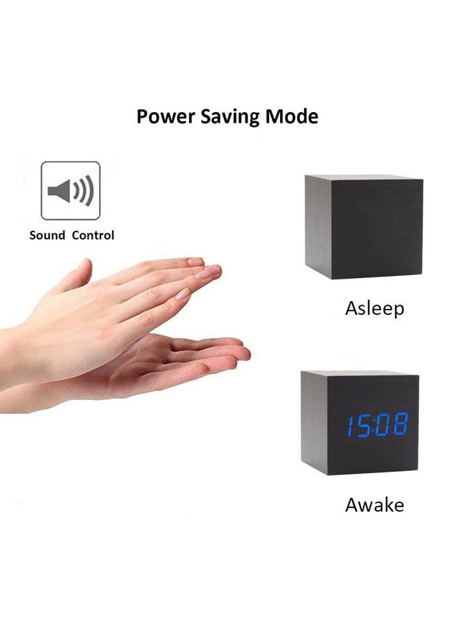 Onerbuy Wooden Digital Cube Alarm Clock Touch Sound Activated Desk Clock Portable Travel Clock with LCD Display for Time, Temperature, Calendar, 3 Alarm Settings (Brown) (Black) - Image 3