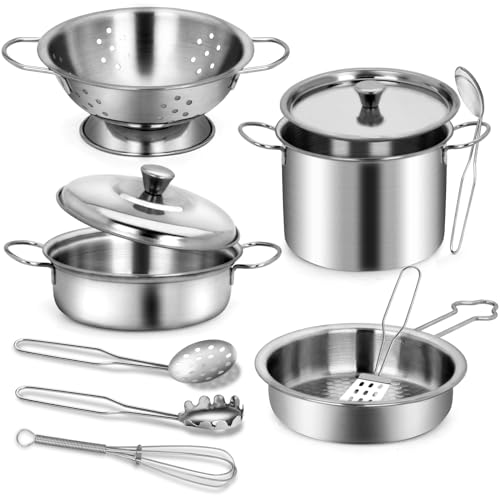 TikOnsYol 12Pcs Kids Pots and Pans Playset Pretend Play Kitchen Set Toy Stainless Steel Pots and Pans Cooking Toys Accessories for Kids Toddler Age 3 Years Old - Image 5