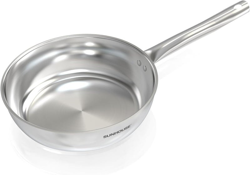 Sunhouse 10 Inch Tri-Ply Stainless Steel Frying Pan, Whole-Clad No Coatings Skillet with Stay-cool Handle for Cooking, Durable & Oven Safe to 500°F, Dishwasher Safe, Compatible with All Cooktops - Image 1