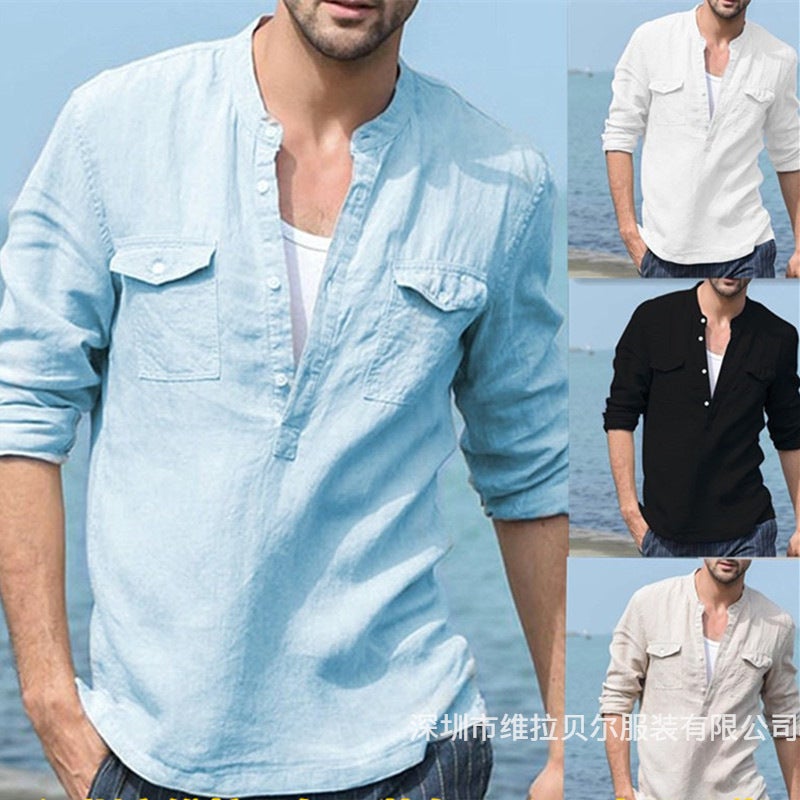 2026 Men's Cotton Linen Casual Long Sleeve Shirt with Pocket - Image 1