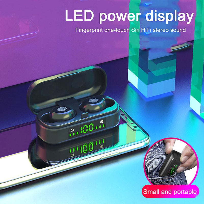 سماعة أذن لاسلكية صغيرة V8 TWS تعمل بتقنية البلوتوث 5.0 لهاتف آيفون أسود - Image 1