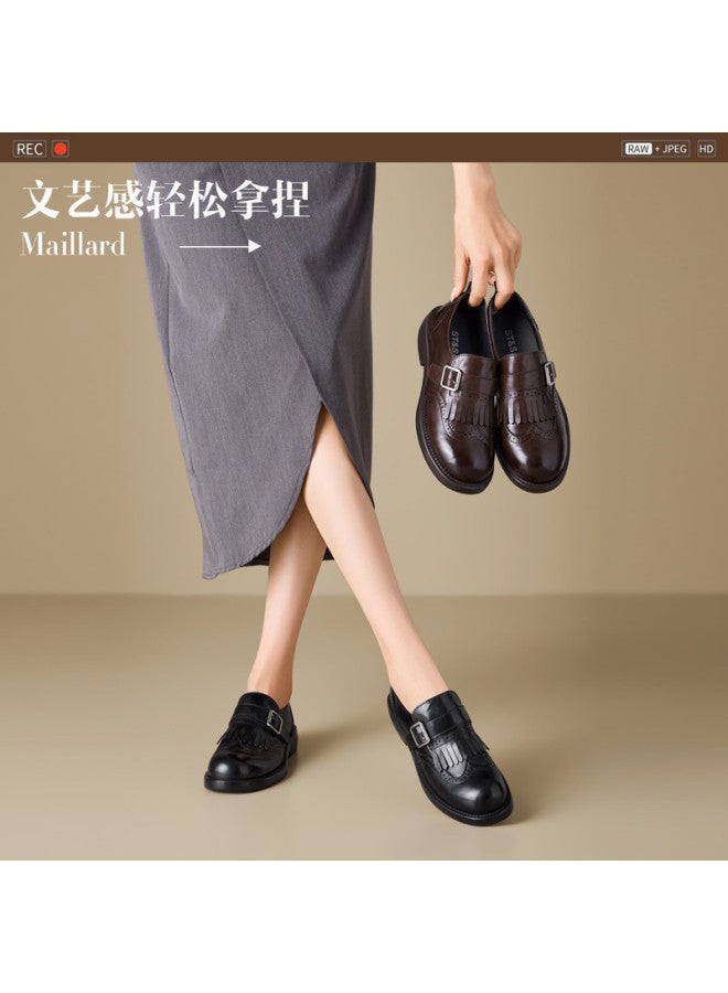 St&Sat Saturday Thick Sole Fringe Chunky Heel Carved Leather Shoes 26 Spring Fashion Versatile Comfortable Commuting Casual Women's Shoes - Image 4