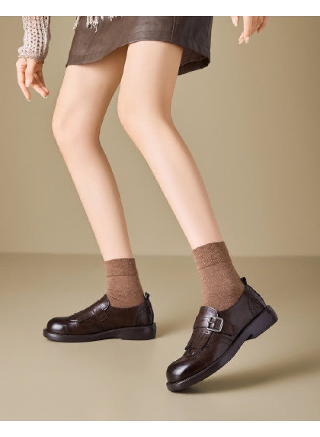 St&Sat Saturday Thick Sole Fringe Chunky Heel Carved Leather Shoes 26 Spring Fashion Versatile Comfortable Commuting Casual Women's Shoes - Image 1