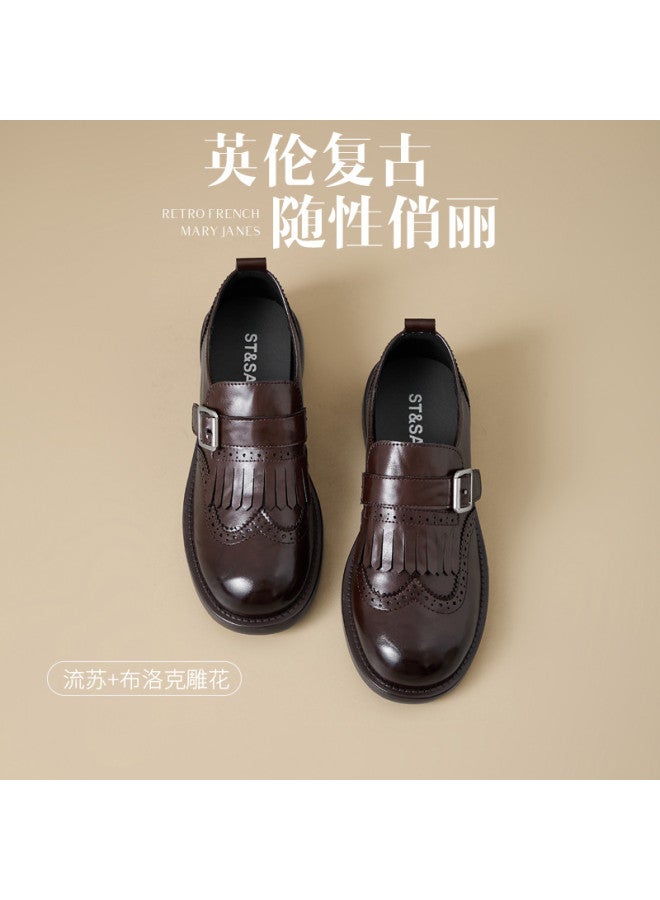 St&Sat Saturday Thick Sole Fringe Chunky Heel Carved Leather Shoes 26 Spring Fashion Versatile Comfortable Commuting Casual Women's Shoes - Image 5