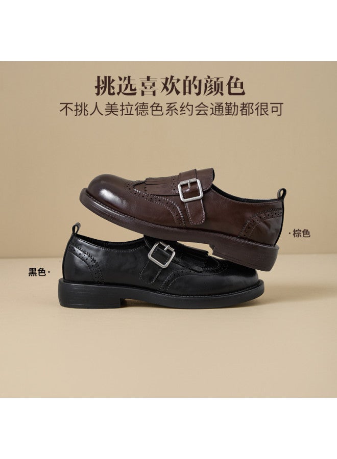 St&Sat Saturday Thick Sole Fringe Chunky Heel Carved Leather Shoes 26 Spring Fashion Versatile Comfortable Commuting Casual Women's Shoes - Image 3