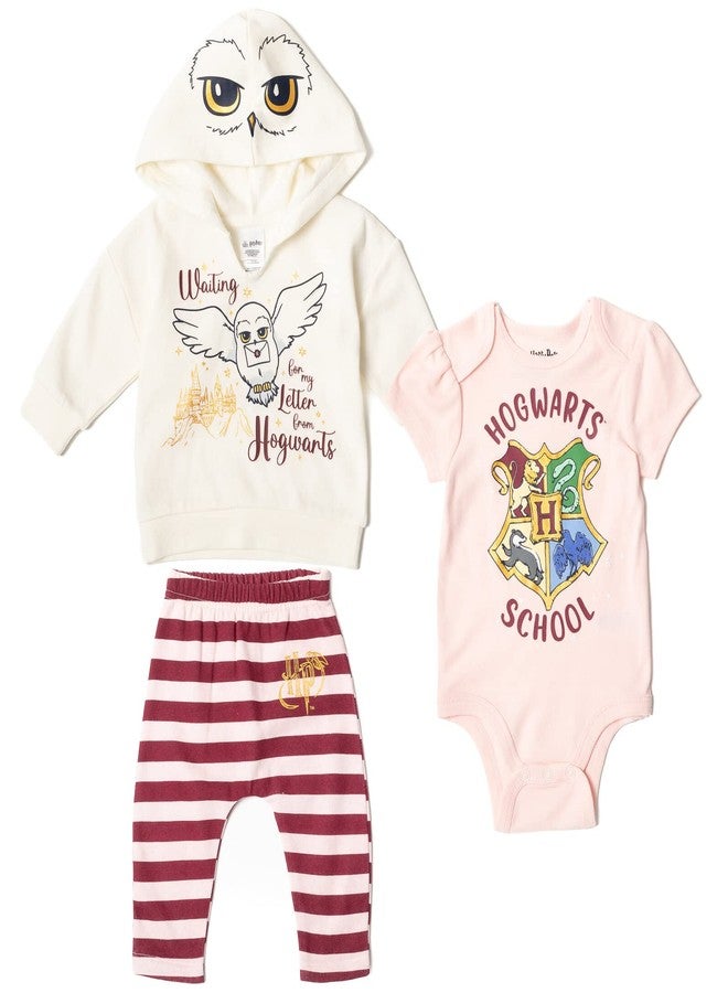 Harry Potter Hedwig Owl Hogwarts Baby Girls 3 Piece Outfit Set: Hoodie Pants Bodysuit White 6-9 Months - Image 1