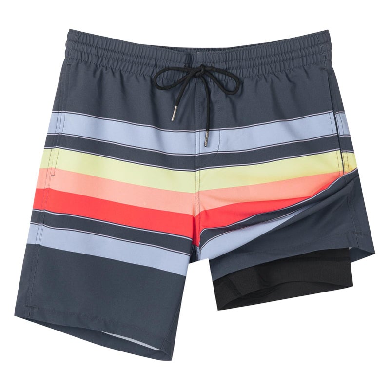 SURF CUZ Mens Swim Trunks with Compression Liner Quick Dry Swim Shorts 7" Swimming Trunks Stretch Bathing Suit Zipper Pockets,Sunset Stripes,M - Image 1