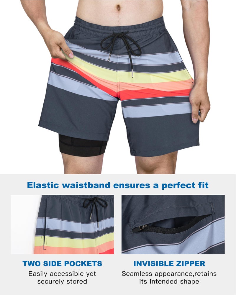 SURF CUZ Mens Swim Trunks with Compression Liner Quick Dry Swim Shorts 7" Swimming Trunks Stretch Bathing Suit Zipper Pockets,Sunset Stripes,M - Image 5