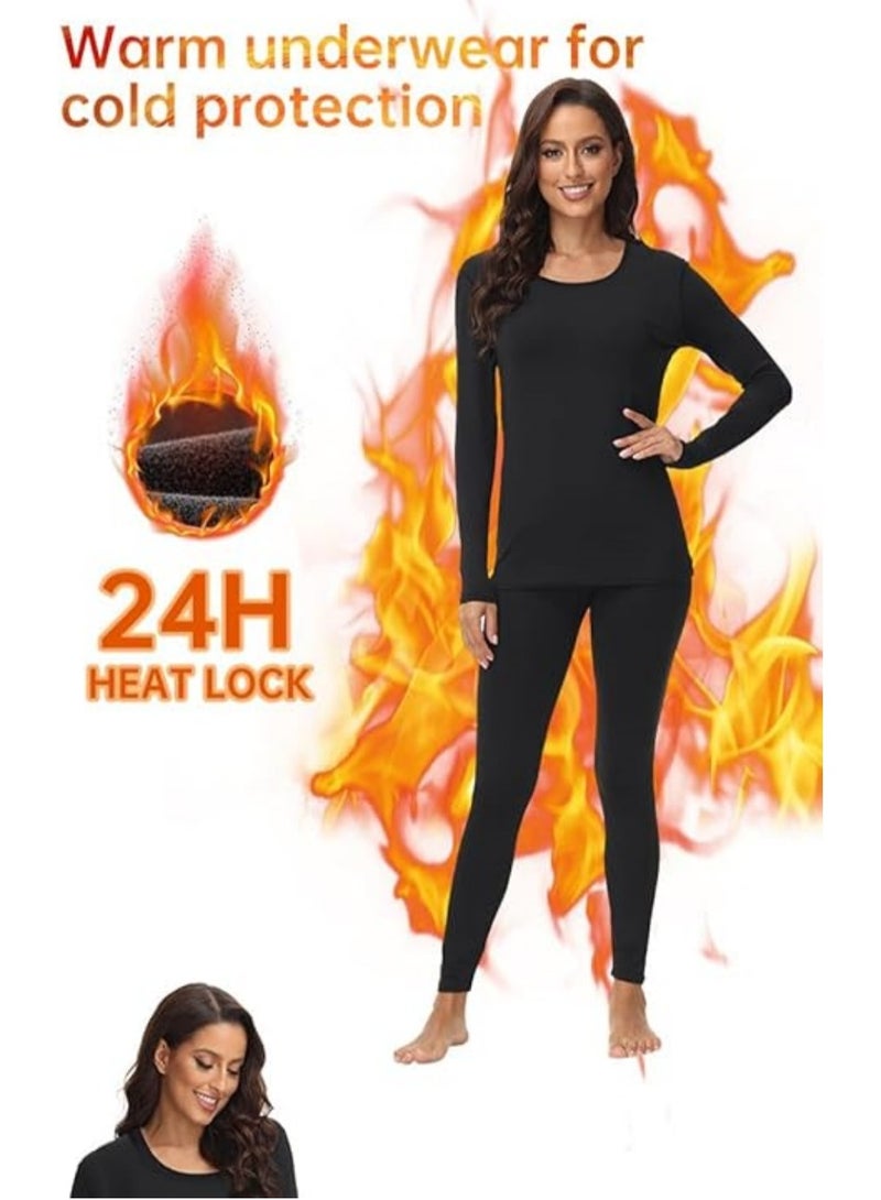 Jorunb 2 Set Thermal Underwear Women Heated Ultra-Soft Long Johns Set Round Neck Thermal Leggings Long Sleeve Sets Pajamas Sets Base Layer with Fleece Lined Winter Warm Top & Bottom for hiking biking Skiing - Image 2