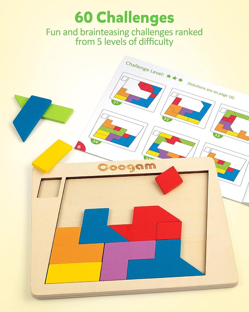 Coogam Wooden Puzzle Blocks Geometric Tangram Brain Teasers Jigsaw 3D Logic IQ Game Colorful Shape Pattern Montessori STEM Educational Toys Gift 60 Challenges for All Ages - Image 4