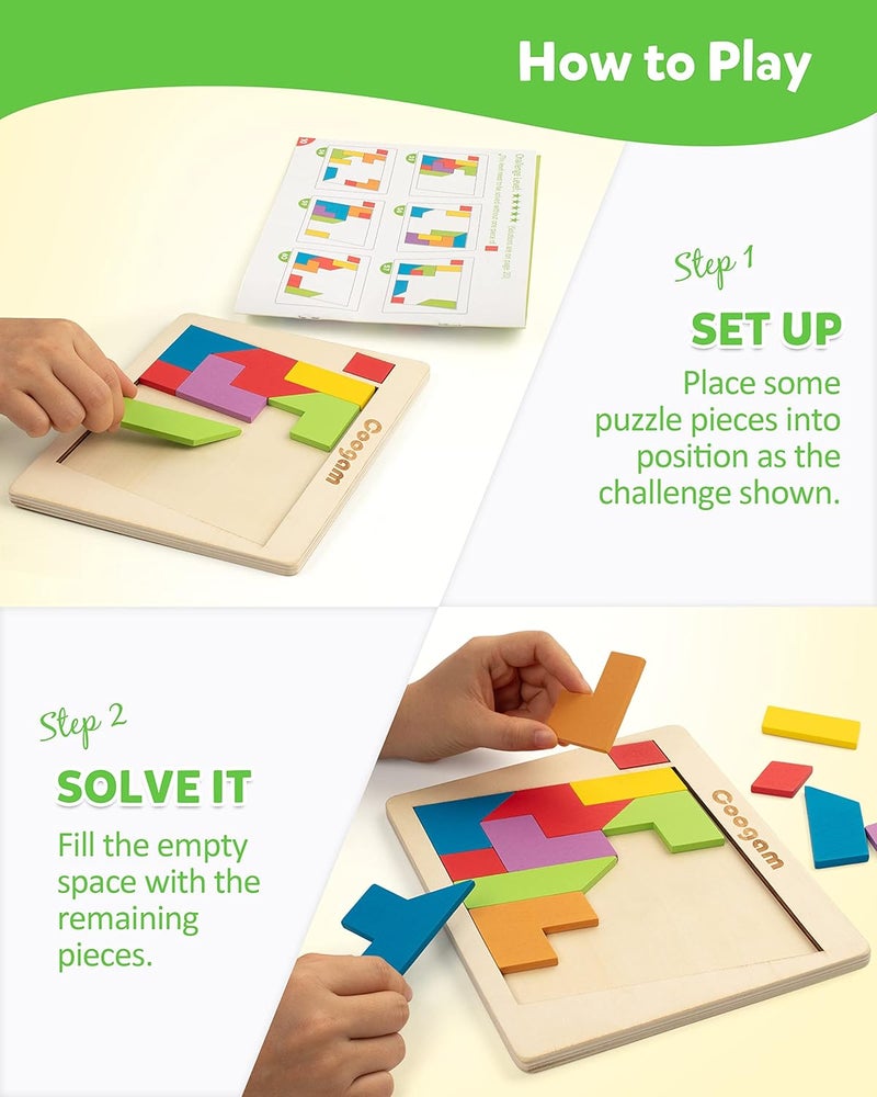 Coogam Wooden Puzzle Blocks Geometric Tangram Brain Teasers Jigsaw 3D Logic IQ Game Colorful Shape Pattern Montessori STEM Educational Toys Gift 60 Challenges for All Ages - Image 3