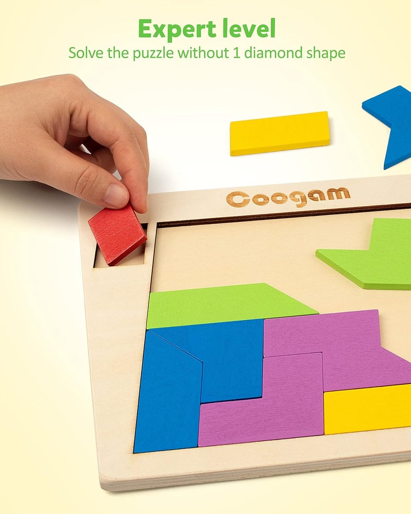 Coogam Wooden Puzzle Blocks Geometric Tangram Brain Teasers Jigsaw 3D Logic IQ Game Colorful Shape Pattern Montessori STEM Educational Toys Gift 60 Challenges for All Ages - Image 5
