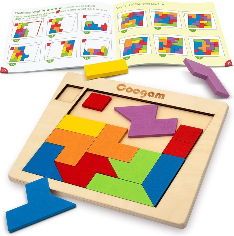 Coogam Wooden Puzzle Blocks Geometric Tangram Brain Teasers Jigsaw 3D Logic IQ Game Colorful Shape Pattern Montessori STEM Educational Toys Gift 60 Challenges for All Ages - Image 1