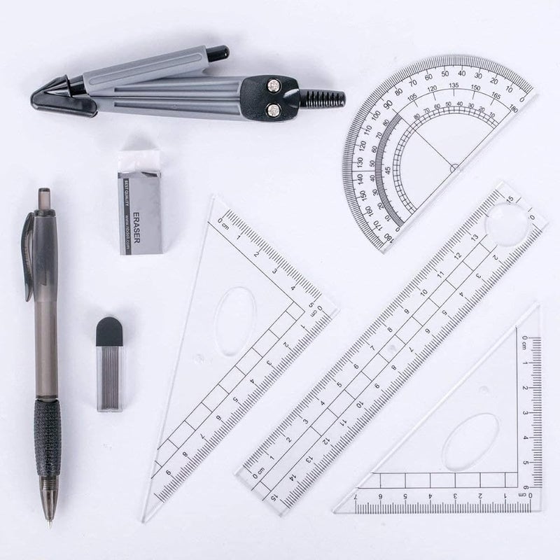 SHOWAY Geometry box math compass Set 8 Pieces Student Supplies with Shatterproof Storage Box & Reusable Pouch,Includes Rulers,Protractor,Compass,Pencil,Eraser.for Students and Engineering Drawings - Image 2