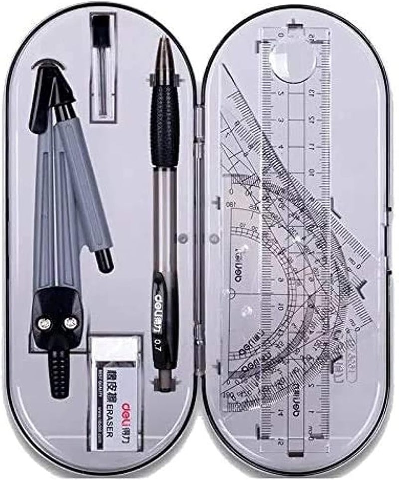 SHOWAY Geometry box math compass Set 8 Pieces Student Supplies with Shatterproof Storage Box & Reusable Pouch,Includes Rulers,Protractor,Compass,Pencil,Eraser.for Students and Engineering Drawings - Image 1