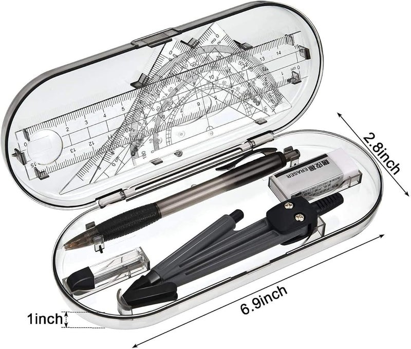 SHOWAY Geometry box math compass Set 8 Pieces Student Supplies with Shatterproof Storage Box & Reusable Pouch,Includes Rulers,Protractor,Compass,Pencil,Eraser.for Students and Engineering Drawings - Image 3