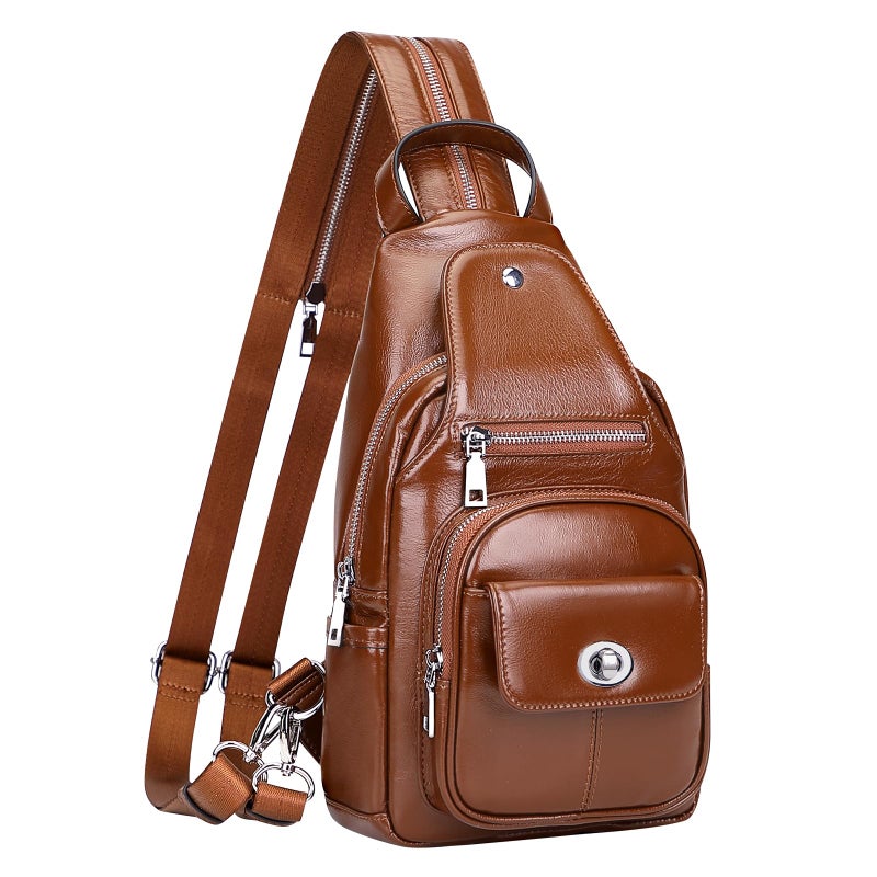 Over Earth Genuine Leather Sling Bag for Women Men Small Causal Crossbody Purse Chest Backpack(O212E Brown) - Image 1