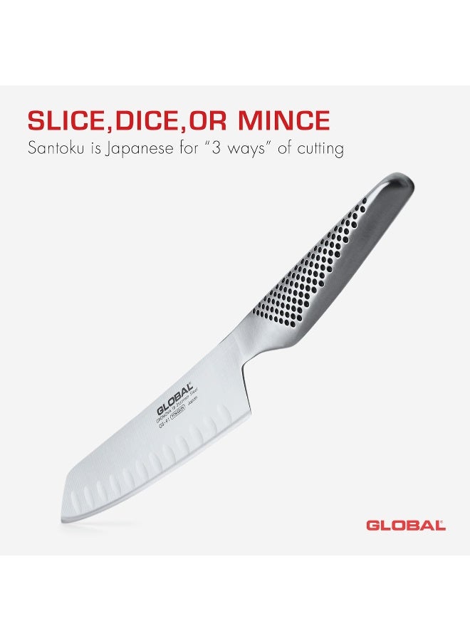 GLOBAL Fluted Vegetable Knife, 14cm. Stainless Steel. Ergonomic Dimpled handles ensures safe grip. Perfectly Balanced. Handcrafted in Japan. - Image 2