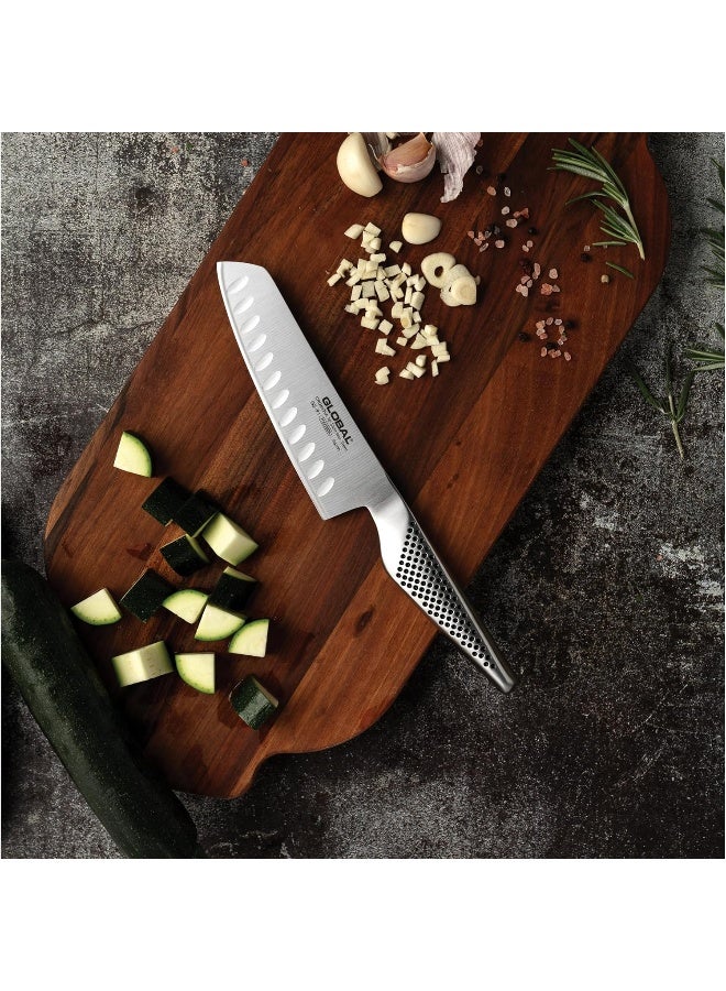GLOBAL Fluted Vegetable Knife, 14cm. Stainless Steel. Ergonomic Dimpled handles ensures safe grip. Perfectly Balanced. Handcrafted in Japan. - Image 3