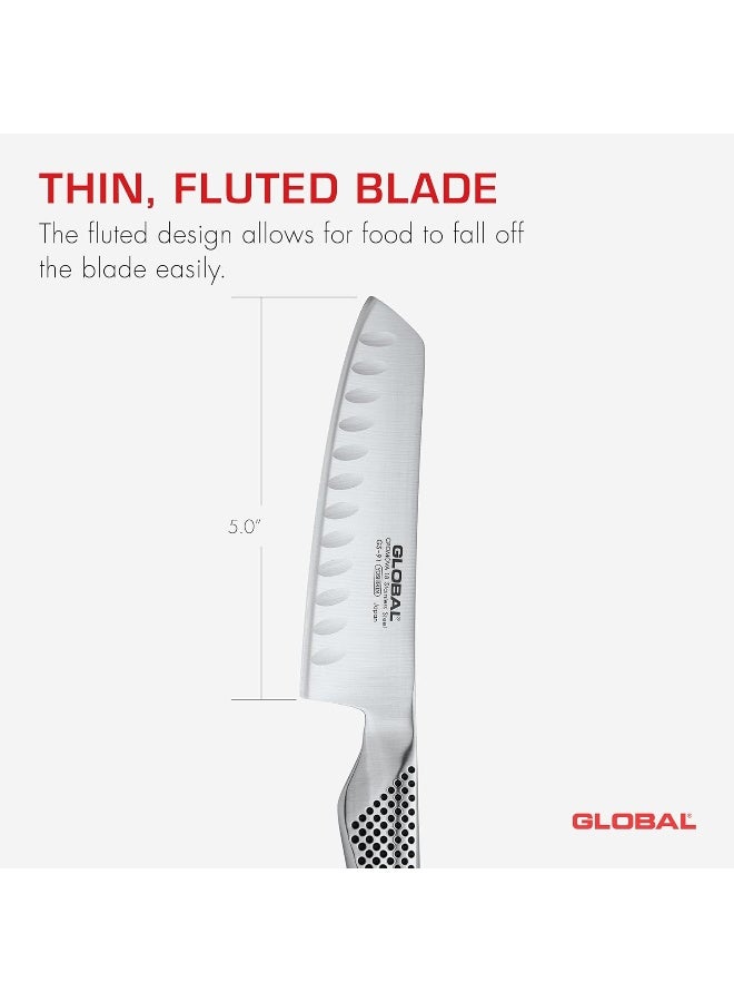 GLOBAL Fluted Vegetable Knife, 14cm. Stainless Steel. Ergonomic Dimpled handles ensures safe grip. Perfectly Balanced. Handcrafted in Japan. - Image 5