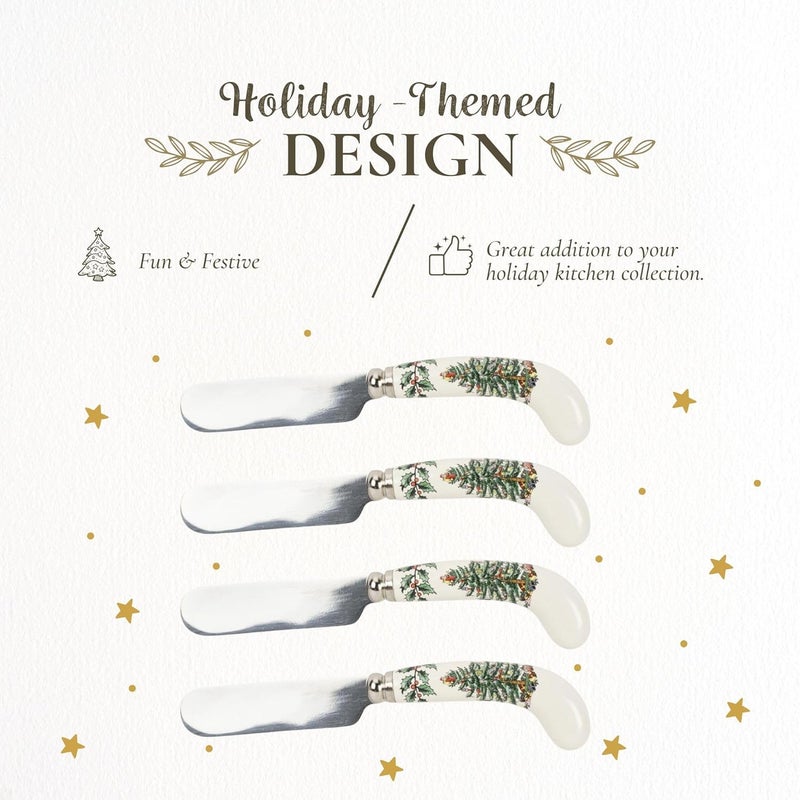 Spode Christmas Tree Cheese Spreaders (Set of 4) - 4.75" Stainless Steel Butter Knife with Porcelain Handle for Jam, Pastry, Butter Knife - Holiday Silverware & Festive Kitchen Cutlery - Image 3