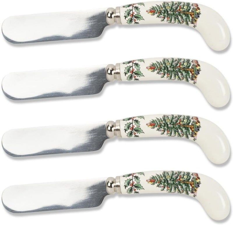 Spode Christmas Tree Cheese Spreaders (Set of 4) - 4.75" Stainless Steel Butter Knife with Porcelain Handle for Jam, Pastry, Butter Knife - Holiday Silverware & Festive Kitchen Cutlery - Image 1