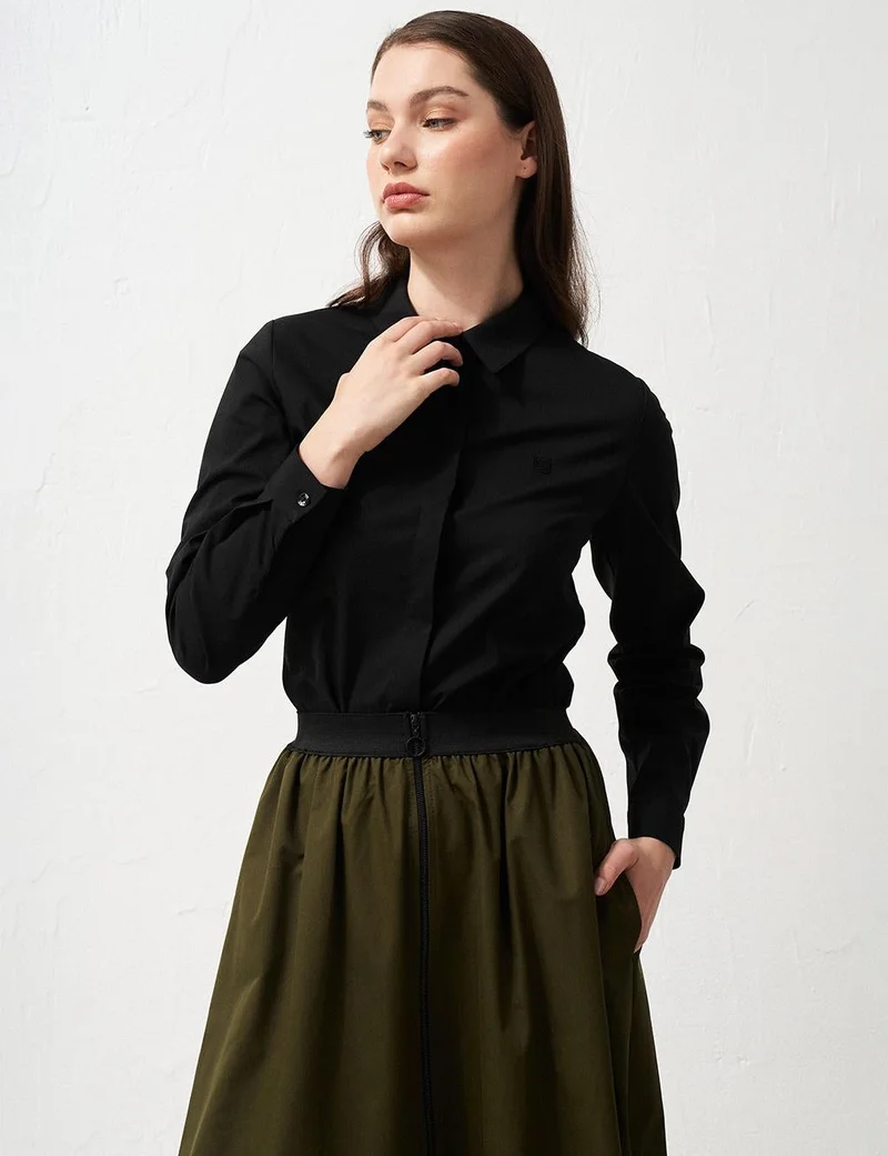 Kayra Shirt Collar Poplin Tunic Black
