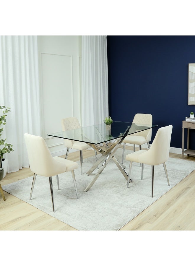 VANITY LIVING Large Dining Table Set for 4, Modern Davos Chrome Frame and Glass Top Dinner Breakfast Table + 4 Milan Cream Velvet Dining Chairs for Kitchen and Dining Room - Image 1