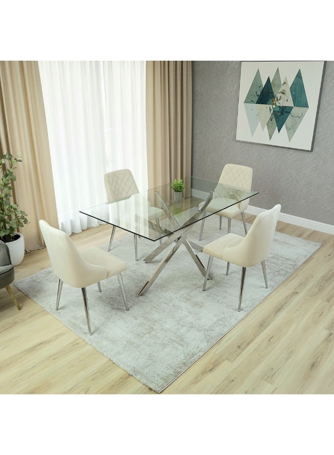 VANITY LIVING Large Dining Table Set for 4, Modern Davos Chrome Frame and Glass Top Dinner Breakfast Table + 4 Milan Cream Velvet Dining Chairs for Kitchen and Dining Room - Image 5