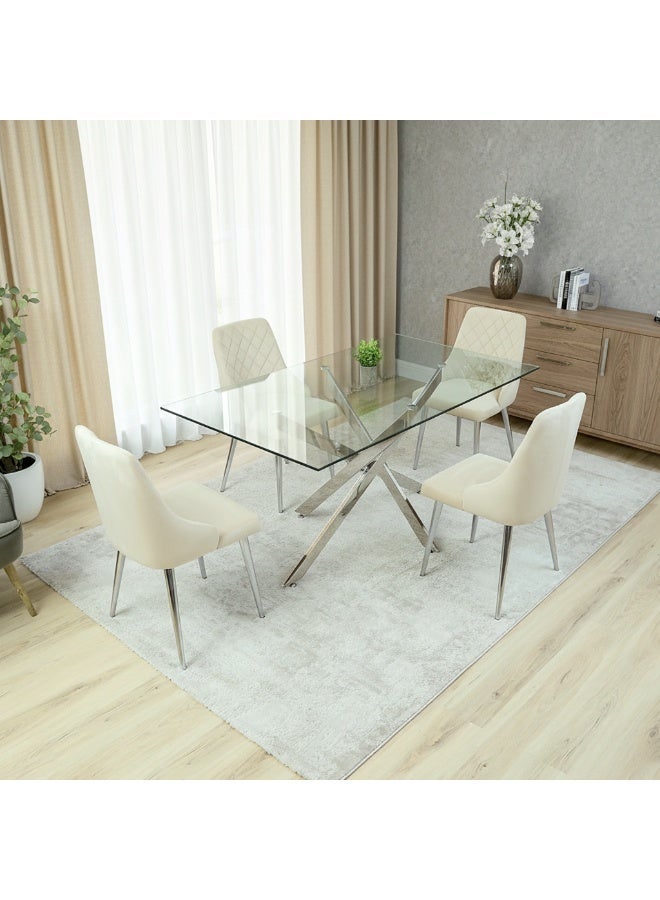 VANITY LIVING Large Dining Table Set for 4, Modern Davos Chrome Frame and Glass Top Dinner Breakfast Table + 4 Milan Cream Velvet Dining Chairs for Kitchen and Dining Room - Image 2