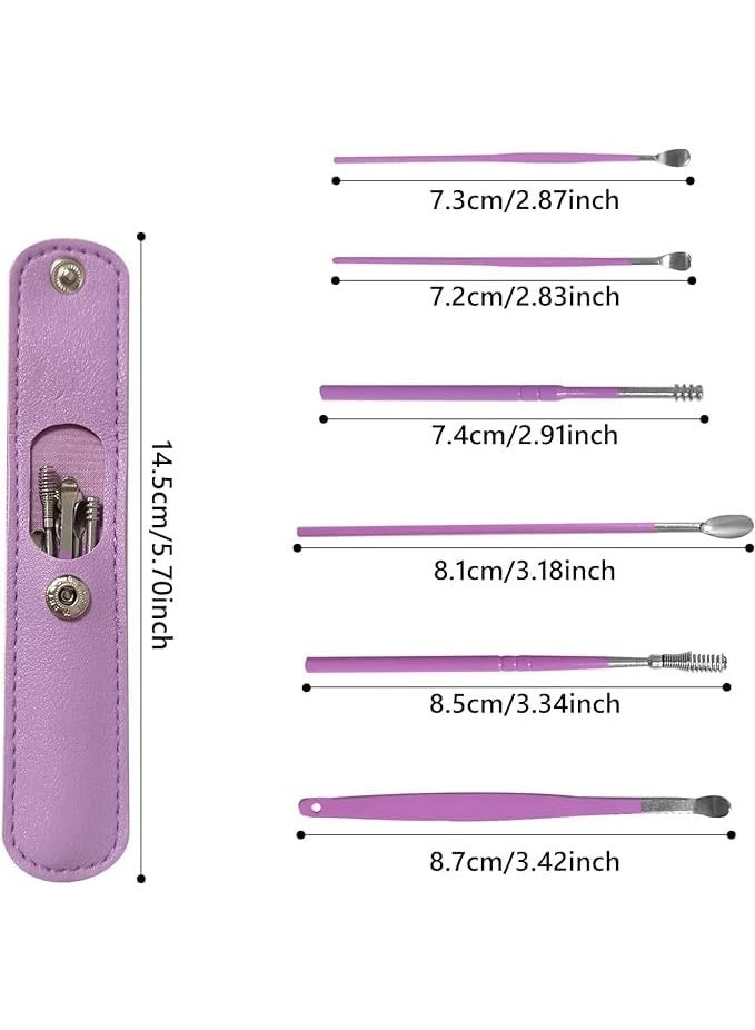Flavoma Ear Wax Cleaner 6pcs | Resuable Ear Cleaner Tool Set with Storage Leather Pouch | Ear Wax Remover Tool Kit with Stainless Steel Ear Curette Cleaner and Spring Ear Buds Cleaner | Painless Ear Pick - 6 (Purple Color) - Image 2