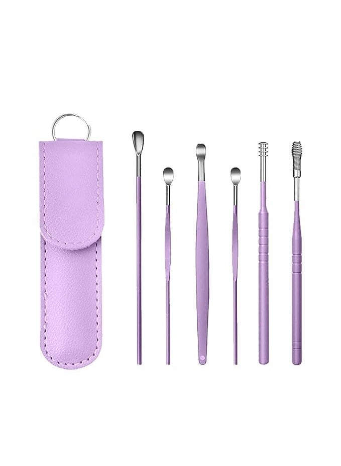 Flavoma Ear Wax Cleaner 6pcs | Resuable Ear Cleaner Tool Set with Storage Leather Pouch | Ear Wax Remover Tool Kit with Stainless Steel Ear Curette Cleaner and Spring Ear Buds Cleaner | Painless Ear Pick - 6 (Purple Color) - Image 1