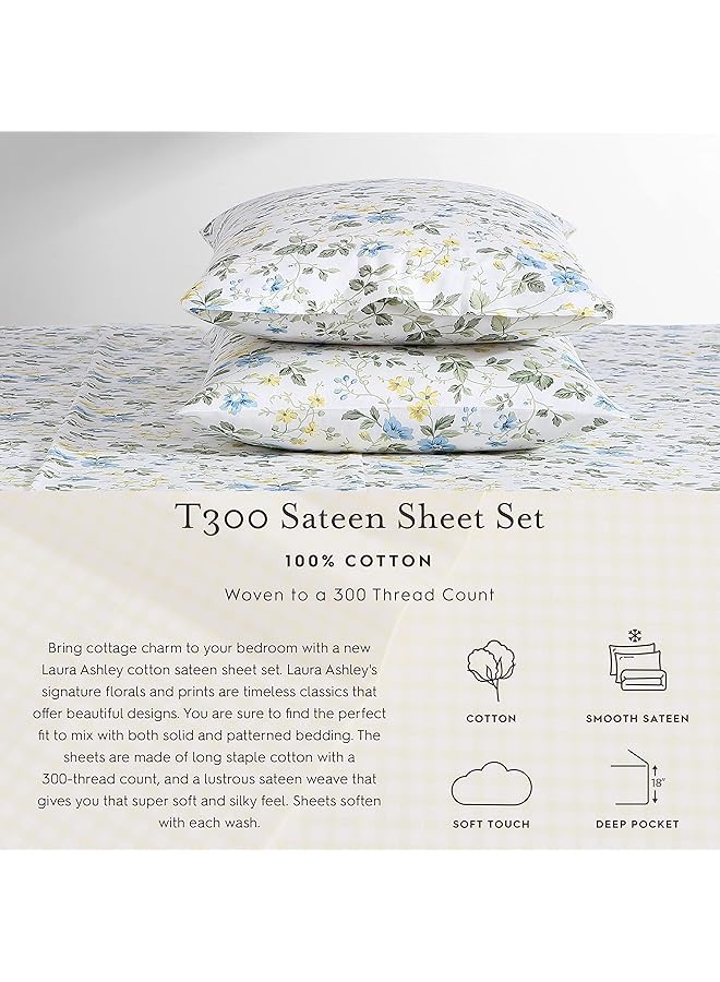 لورا أشلي طقم ملاءات من القطن الساتان من Home Spring Bloom باللون الأزرق مقاس كينج - Image 5