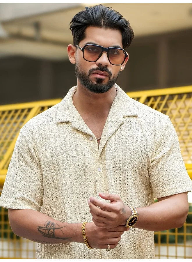 Maniac Maniac Mens Textured Half Sleeve Cotton Half White Cotton Shirt